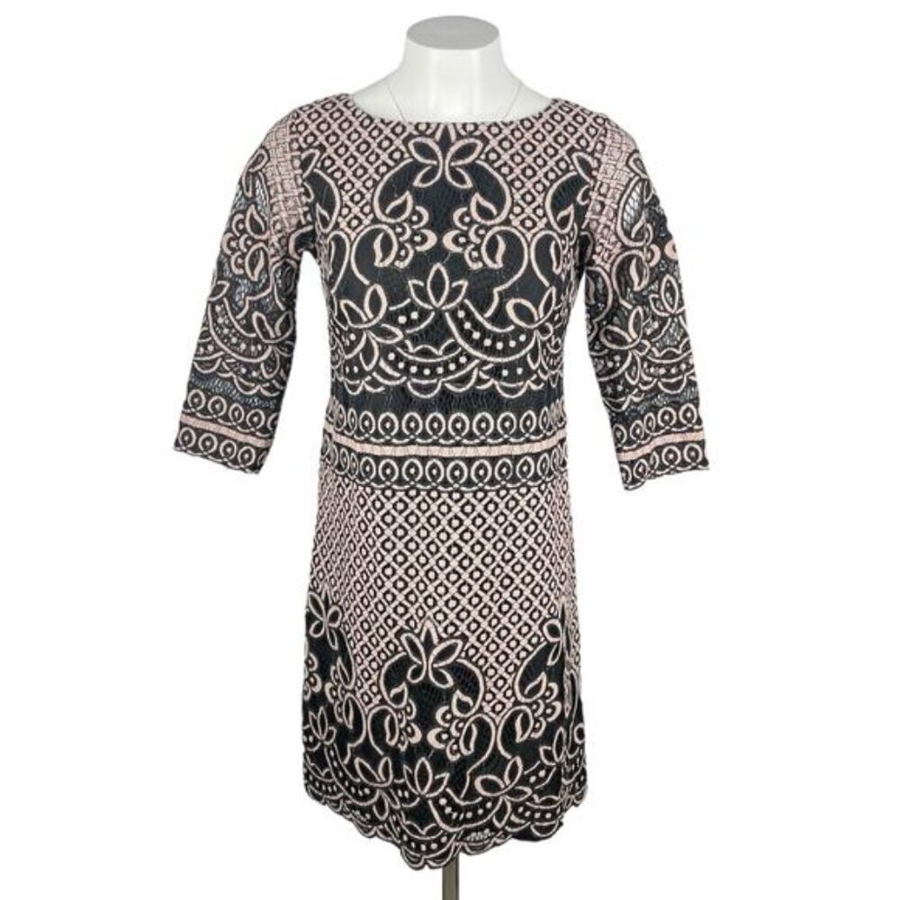 ELIZA J Lace Overlay Cocktail Sheath Dress Sz 4 Nude Pink Black